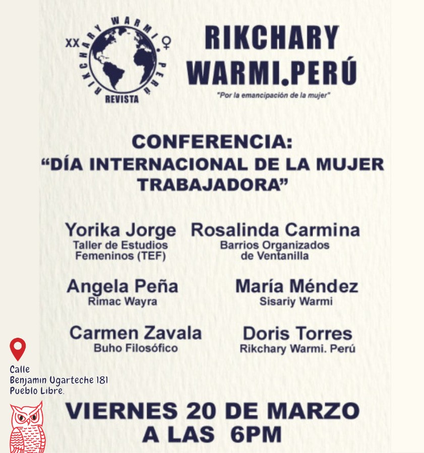 Conferencia sobre Día Internacional de la Mujer Trabajadora. VIERNES 20 de marzo, 2026